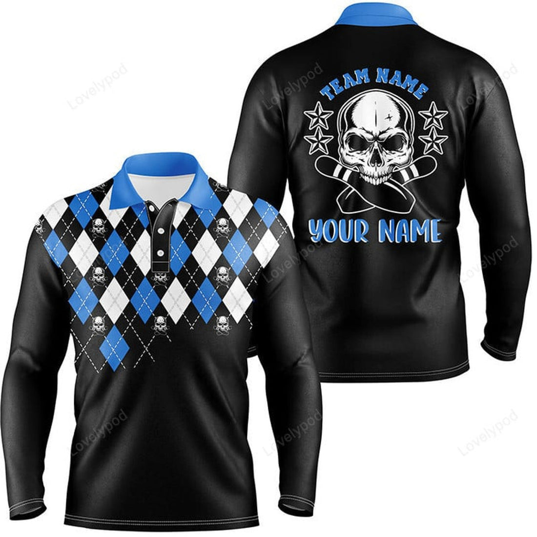 FUNSTUFFPRINT Black Red Argyle Pattern Bowling Skull Custom Bowling Long Sleeve Polo Shirts For Men, Bowling Jerseys