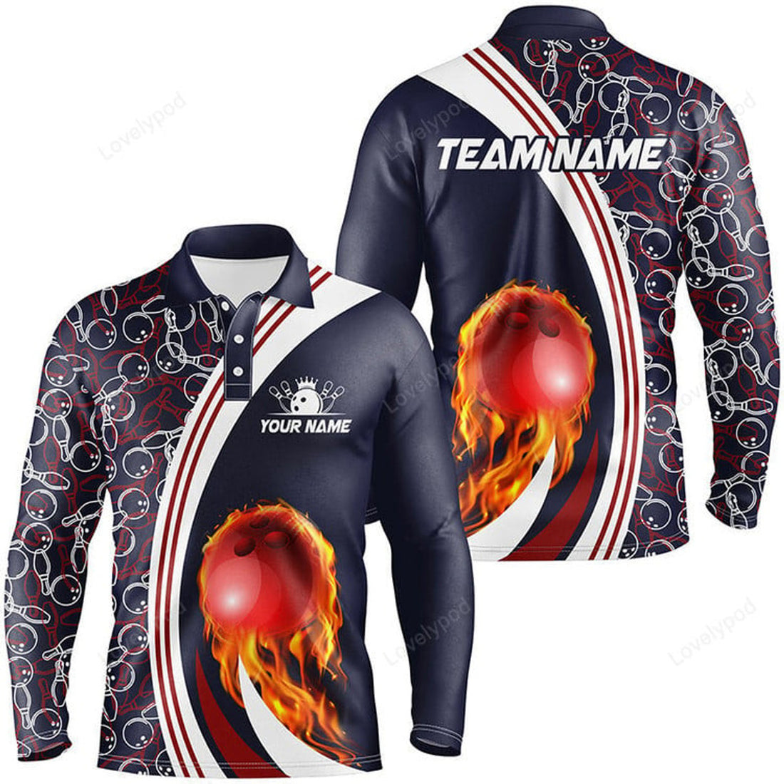 FUNSTUFFPRINT Black Red Argyle Pattern Bowling Skull Custom Bowling Long Sleeve Polo Shirts For Men, Bowling Jerseys