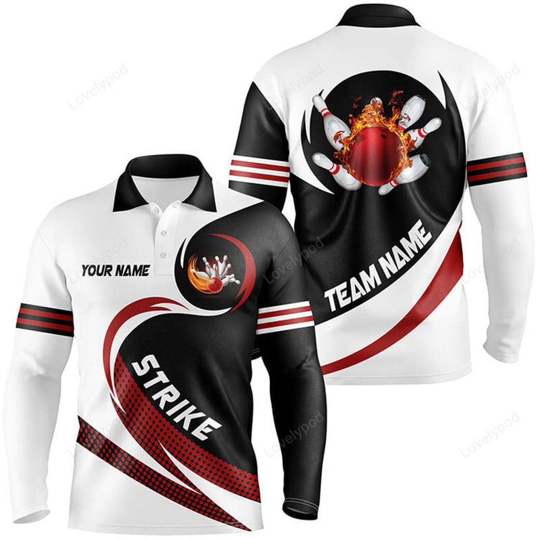 FUNSTUFFPRINT Black Red Argyle Pattern Bowling Skull Custom Bowling Long Sleeve Polo Shirts For Men, Bowling Jerseys