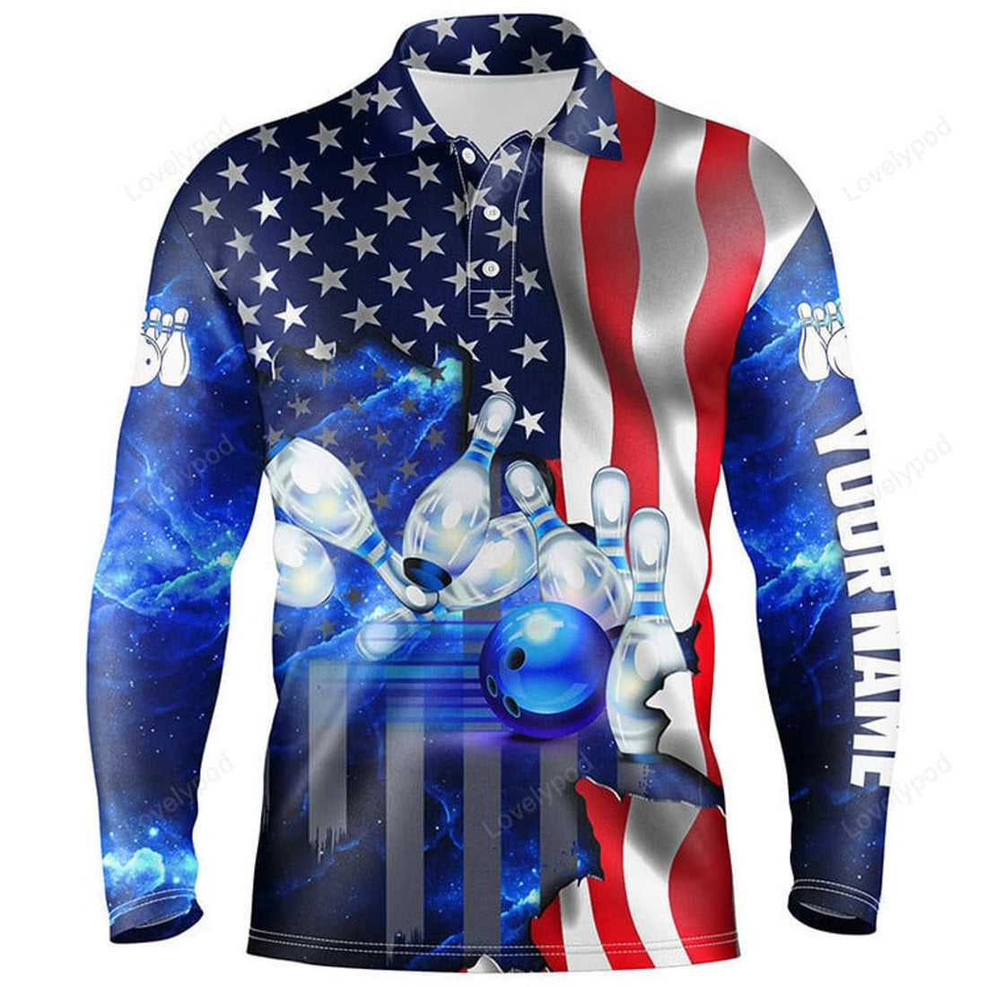 FUNSTUFFPRINT Black Red Argyle Pattern Bowling Skull Custom Bowling Long Sleeve Polo Shirts For Men, Bowling Jerseys