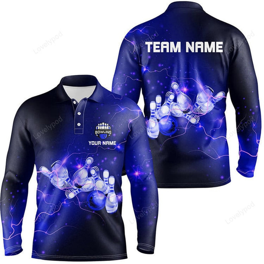 FUNSTUFFPRINT Men Bowling Long Sleeve Polo Shirts, Custom Blue Flashes Of Lightning Thunder Bowling Team Mens Bowler Jerseys