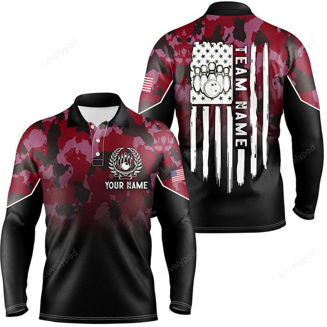 FUNSTUFFPRINT Black red camo Men long sleeve polo bowling shirts, Custom American flag patriotic bowling team league jerseys