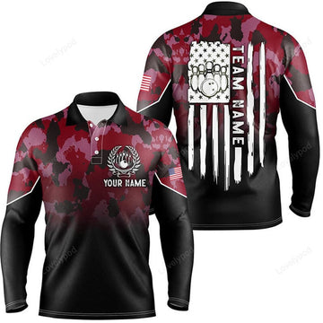 FUNSTUFFPRINT Black red camo Men long sleeve polo bowling shirts, Custom American flag patriotic bowling team league jerseys