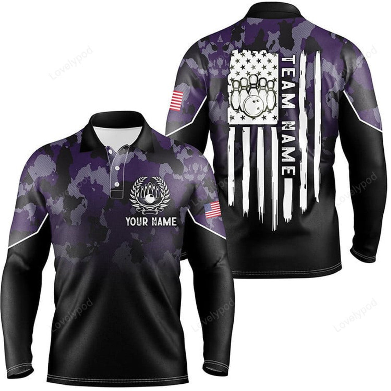 FUNSTUFFPRINT Black purple camo Men long sleeve polo bowling shirts, Custom American flag patriotic bowling team league jerseys
