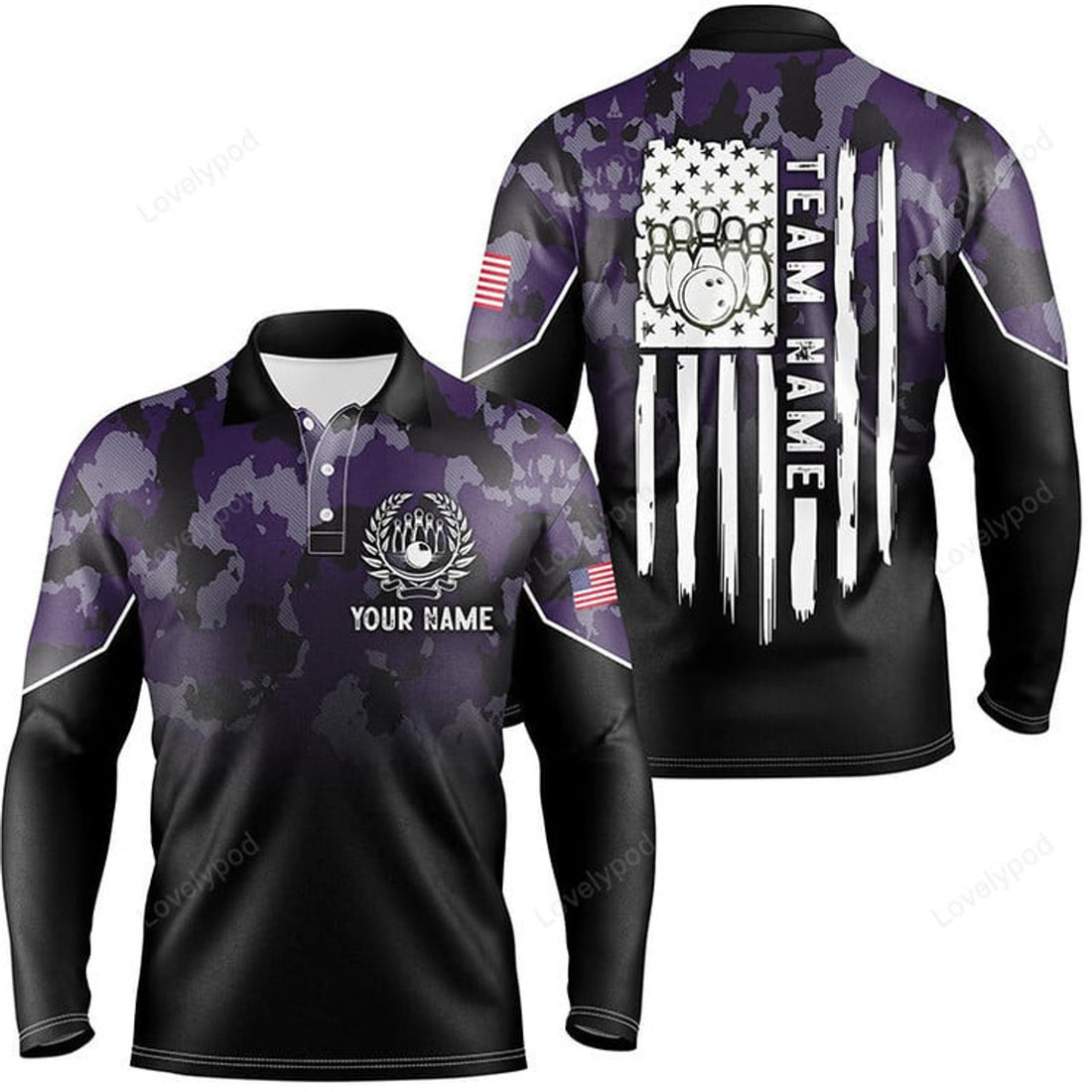 FUNSTUFFPRINT Black purple camo Men long sleeve polo bowling shirts, Custom American flag patriotic bowling team league jerseys