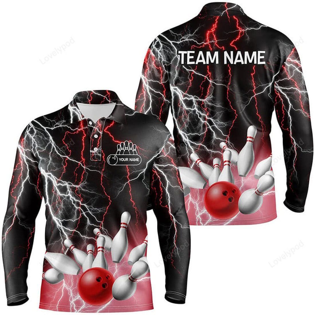 FUNSTUFFPRINT Custom Bowling Red Lightning Thunder Long Sleeve Polo Shirt, Team League Jersey