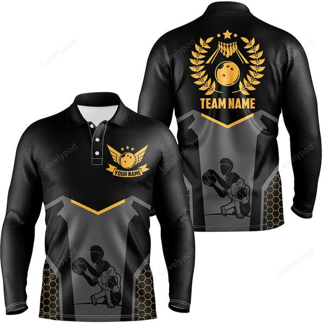 FUNSTUFFPRINT Black Bowling long sleeve polo For Men, Custom Retro Bowling Polo Shirt For Team Bowlers