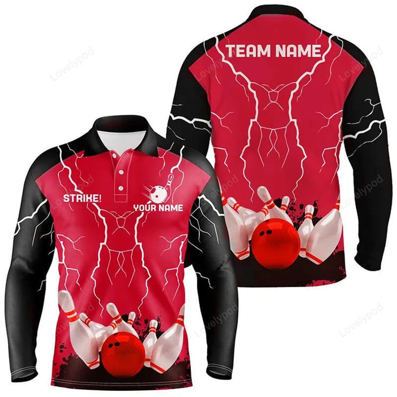 FUNSTUFFPRINT Men long sleeve polo bowling shirt, Custom bowling strike lightning storm thunder team league jersey