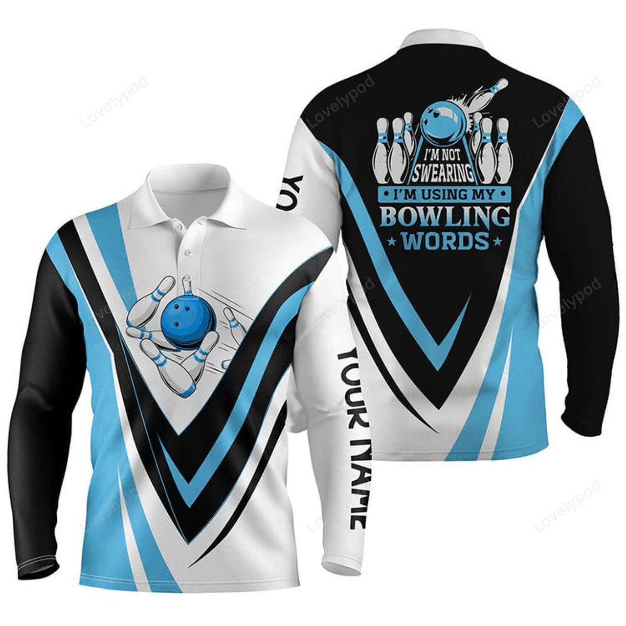 FUNSTUFFPRINT Custom Bowling Long Sleeve Polo Shirts, I'M Not Swearing, I'M Using My Bowling Words Blue Bowl Shirts