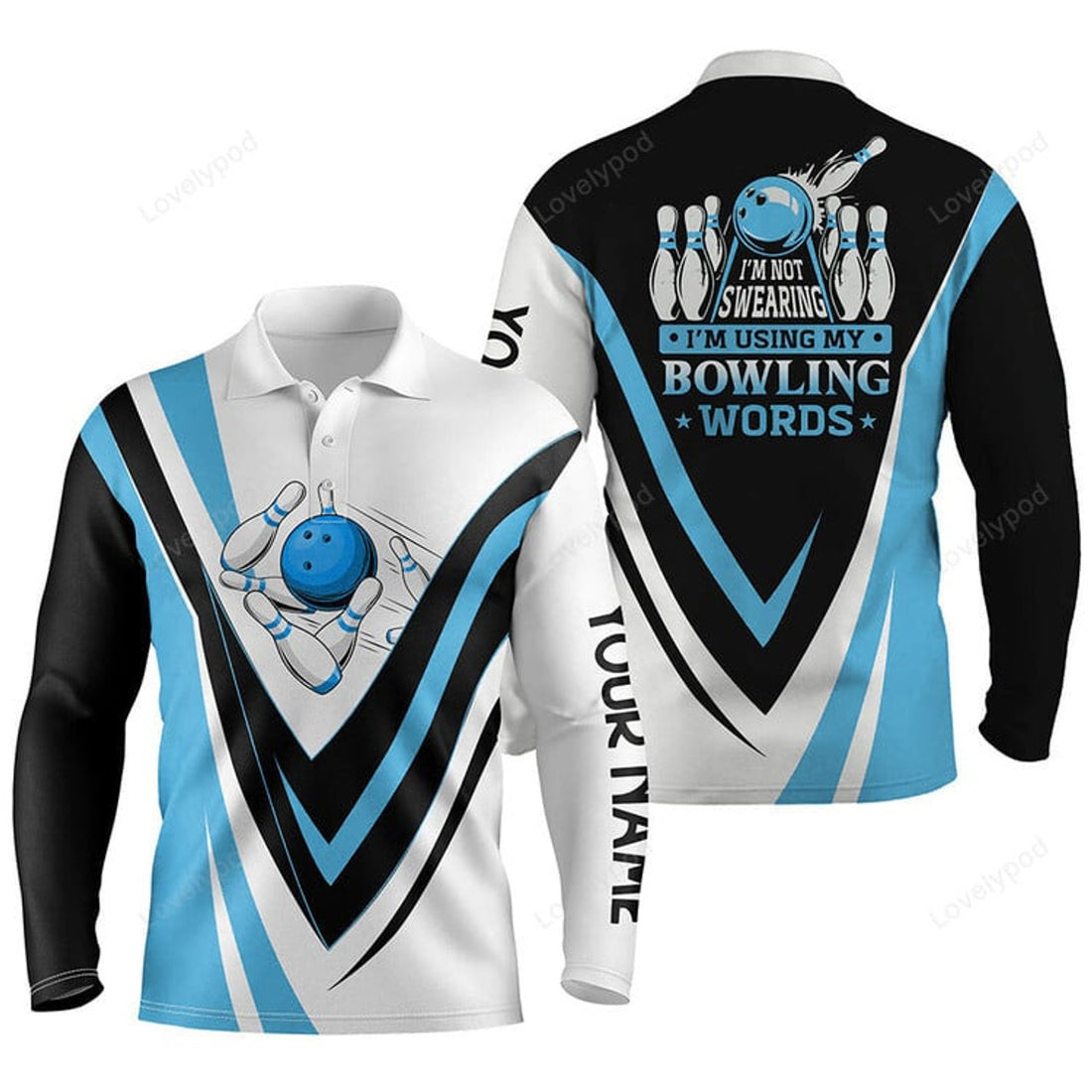 FUNSTUFFPRINT Custom Bowling Long Sleeve Polo Shirts, I'M Not Swearing, I'M Using My Bowling Words Blue Bowl Shirts