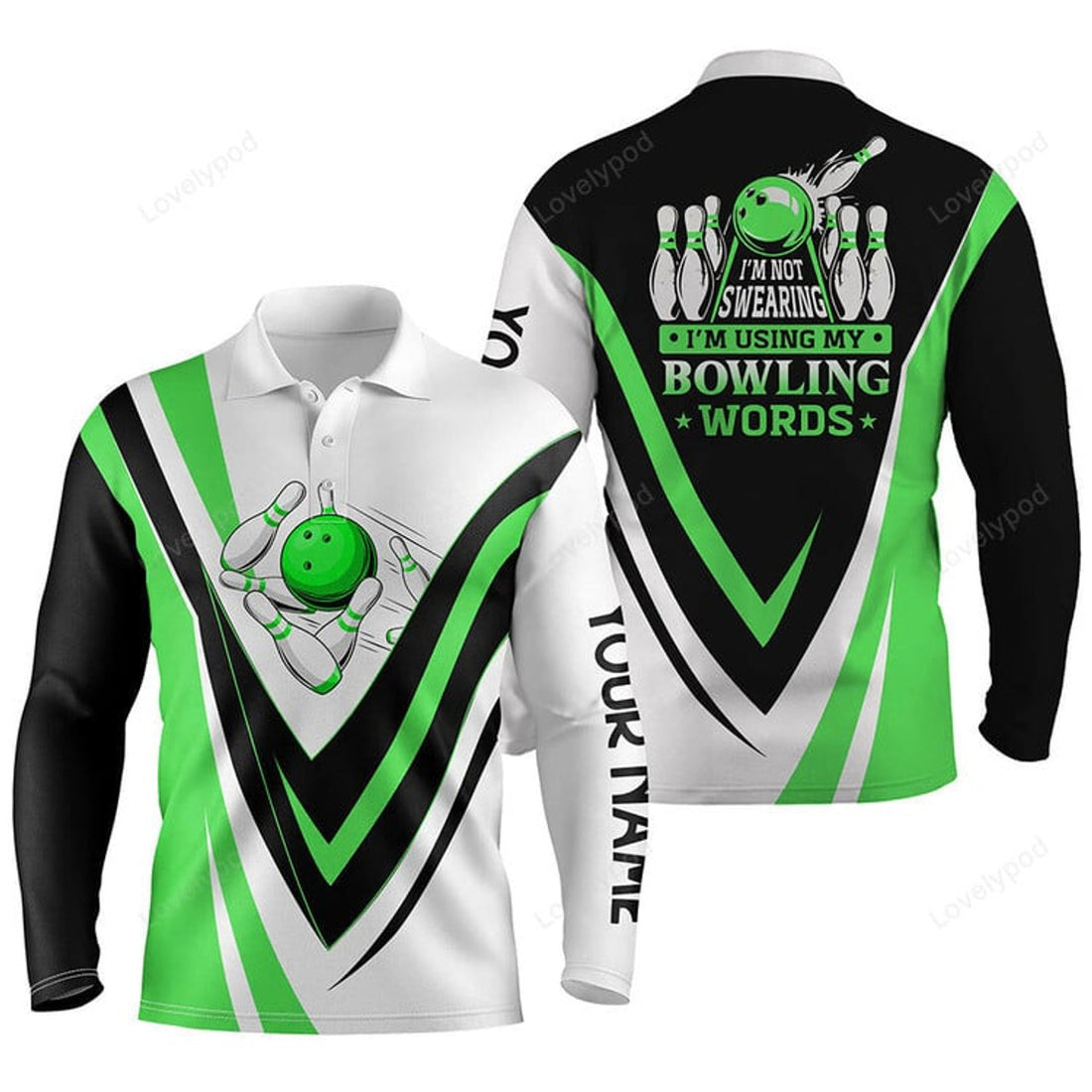 FUNSTUFFPRINT Custom Bowling Long Sleeve Polo Shirts, I'M Not Swearing, I'M Using My Bowling Words Blue Bowl Shirts