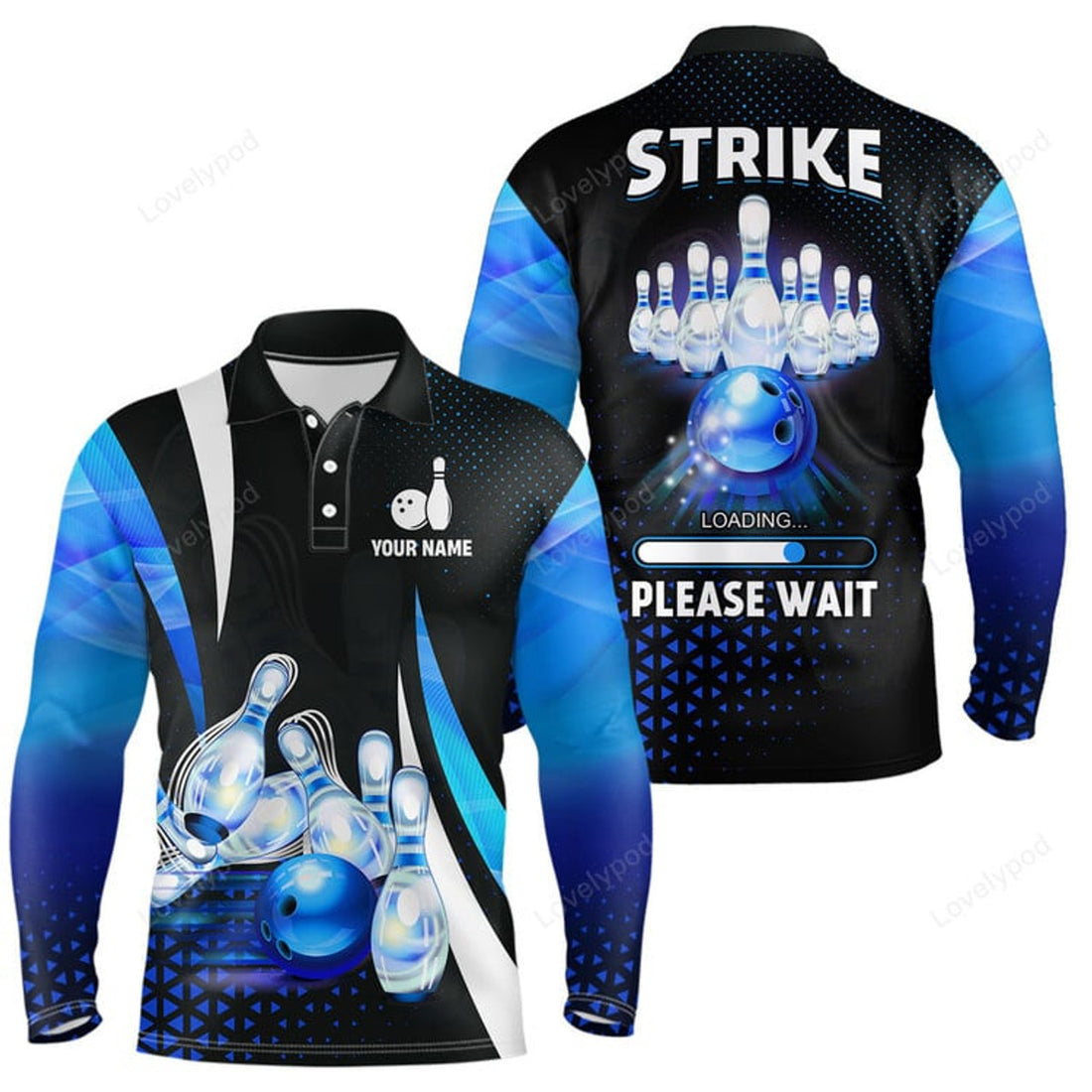 FUNSTUFFPRINT Custom Bowling Long Sleeve Polo Shirts, I'M Not Swearing, I'M Using My Bowling Words Blue Bowl Shirts