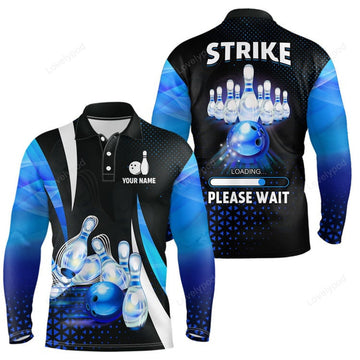 FUNSTUFFPRINT Custom Bowling Long Sleeve Polo Shirts, I'M Not Swearing, I'M Using My Bowling Words Blue Bowl Shirts