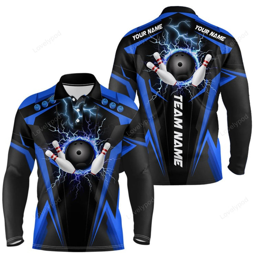 FUNSTUFFPRINT Custom Bowling Long Sleeve Polo Shirts, I'M Not Swearing, I'M Using My Bowling Words Blue Bowl Shirts