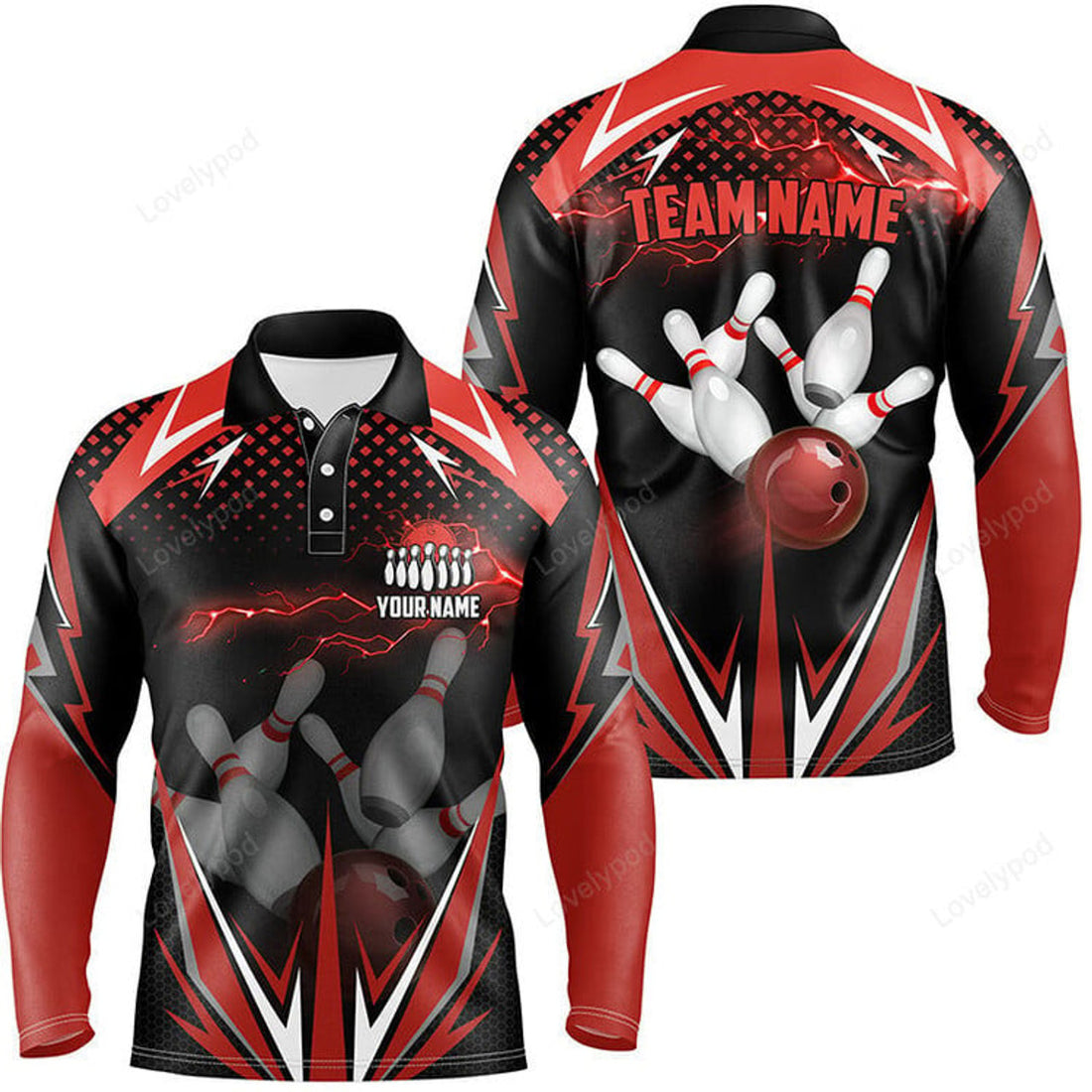 FUNSTUFFPRINT Black Men Bowling Long Sleeve Polo Shirt, Custom Lightning Team Men Bowlers Jerseys Bowling Outfits