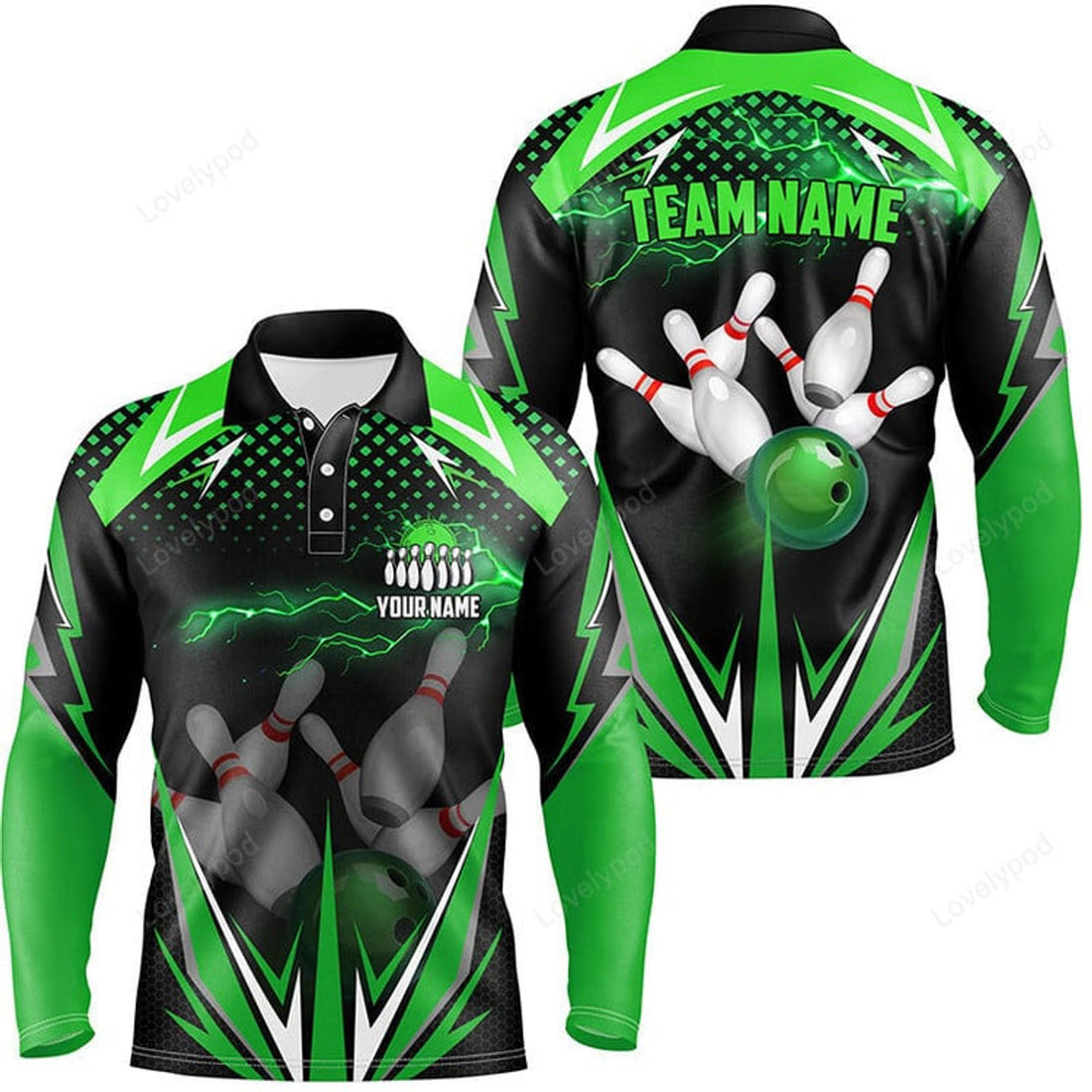 FUNSTUFFPRINT Black Men Bowling Long Sleeve Polo Shirt, Custom Lightning Team Men Bowlers Jerseys Bowling Outfits