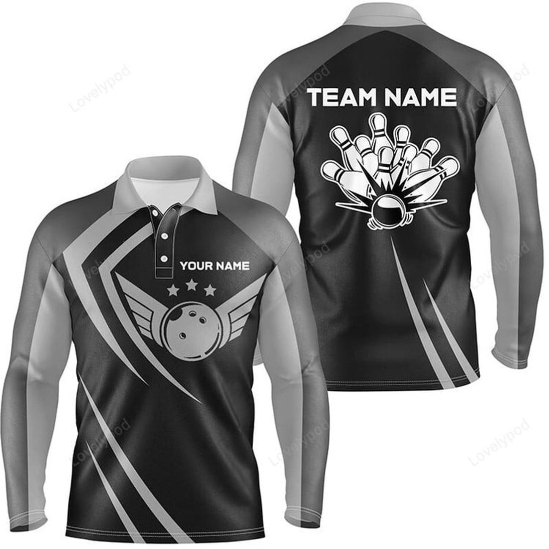 FUNSTUFFPRINT Black Men Bowling Long Sleeve Polo Shirt, Custom Lightning Team Men Bowlers Jerseys Bowling Outfits