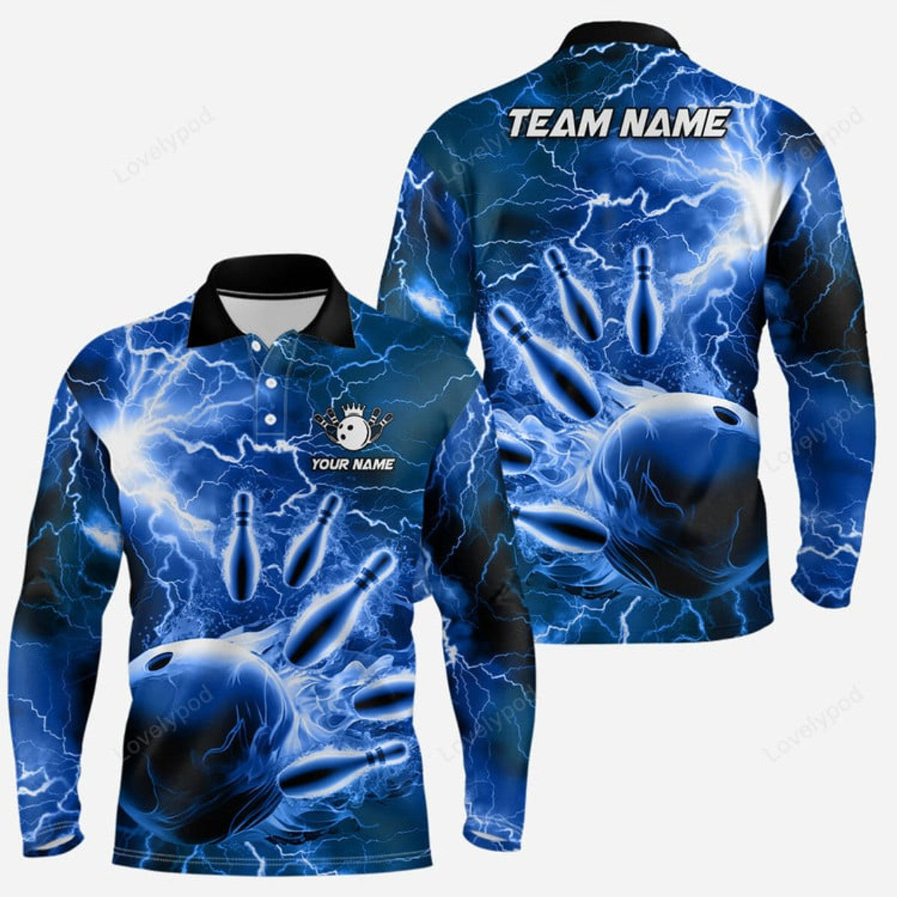 FUNSTUFFPRINT Black Men Bowling Long Sleeve Polo Shirt, Custom Lightning Team Men Bowlers Jerseys Bowling Outfits
