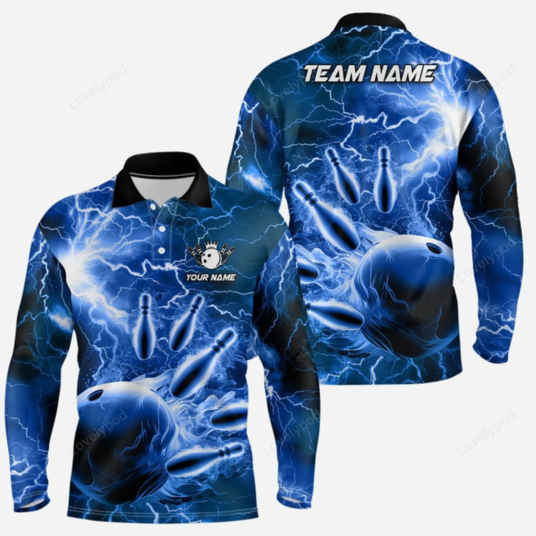 FUNSTUFFPRINT Black Men Bowling Long Sleeve Polo Shirt, Custom Lightning Team Men Bowlers Jerseys Bowling Outfits