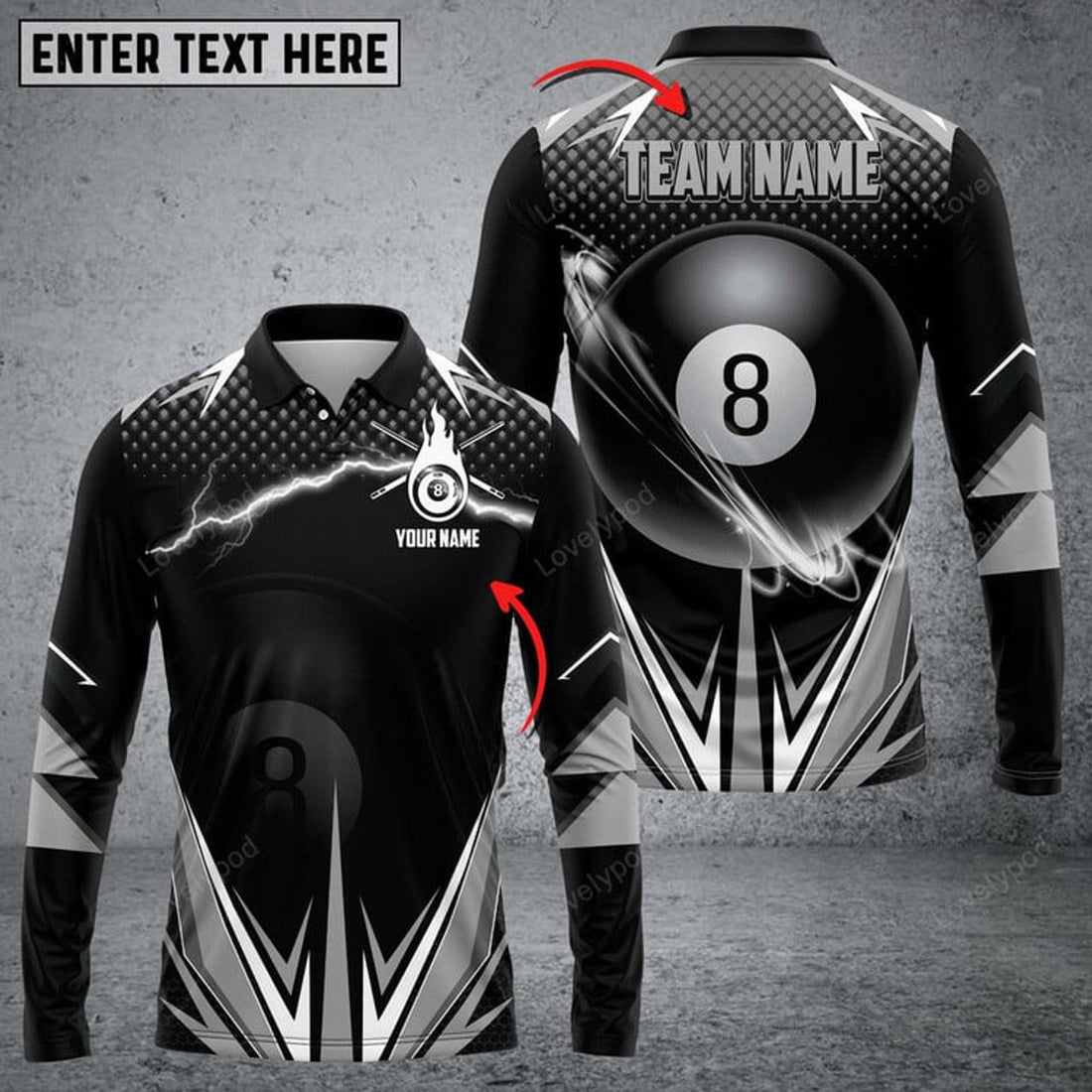 FUNSTUFFPRINT Personalized Billiard Ball Team Name Player Long Sleeve Polo Shirt. Gift For Billiard Lover