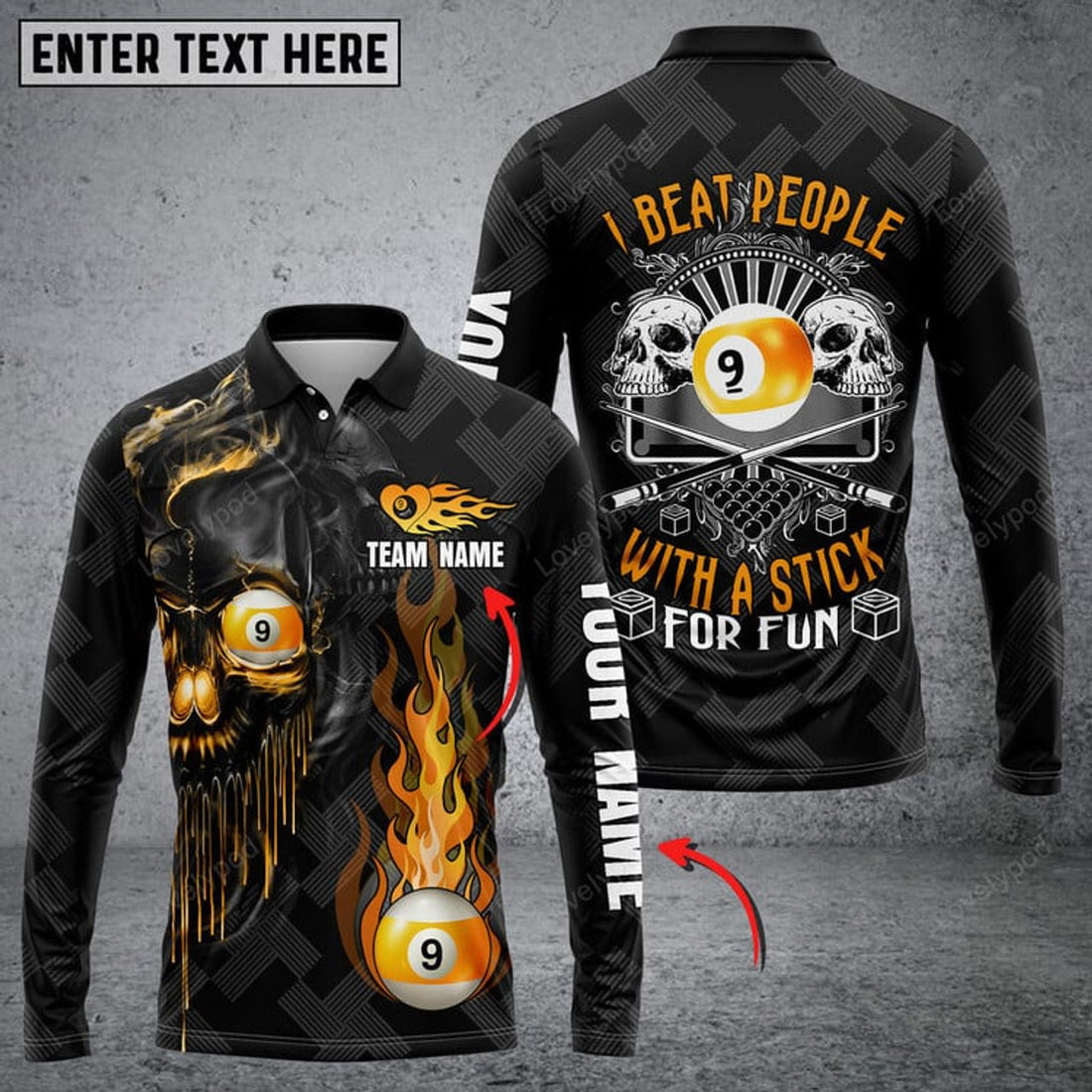 FUNSTUFFPRINT Personalized Name Billiards Skull Champ Long Sleeve Polo Shirt. Gift For Billiard Lover