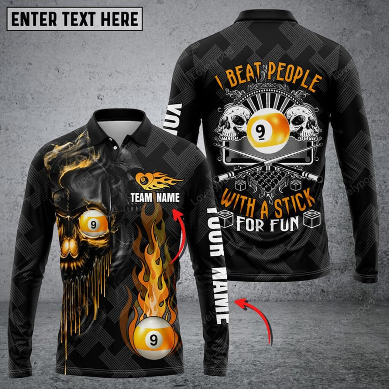 FUNSTUFFPRINT Personalized Name Billiards Skull Champ Long Sleeve Polo Shirt. Gift For Billiard Lover