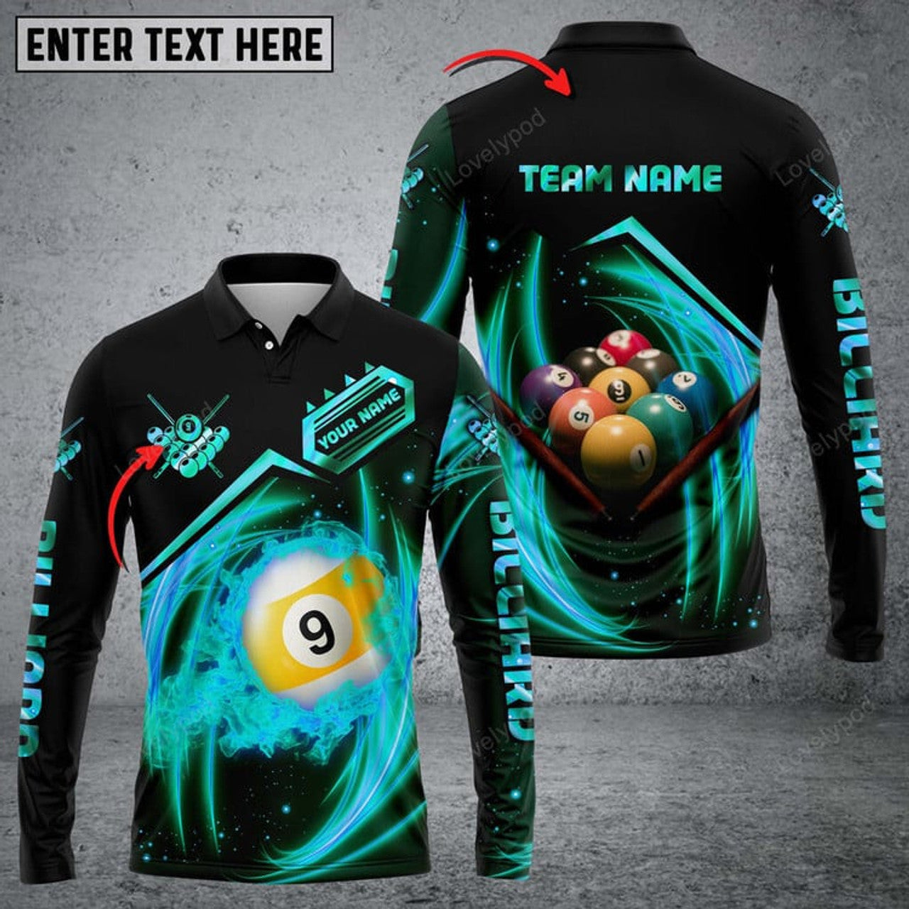 FUNSTUFFPRINT Personalized Billiard 9 Ball Player Long Sleeve Polo Shirt. Pool 3D Shirt, Gift For Billiard Lover