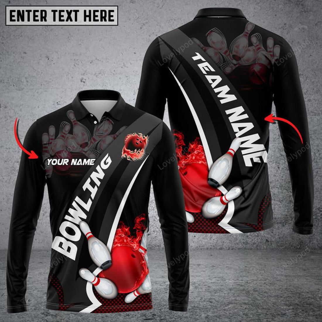 FUNSTUFFPRINT Bowling And Pins Plame Premium Multicolor Option Personalized Name Long Sleeve 3D Shirt