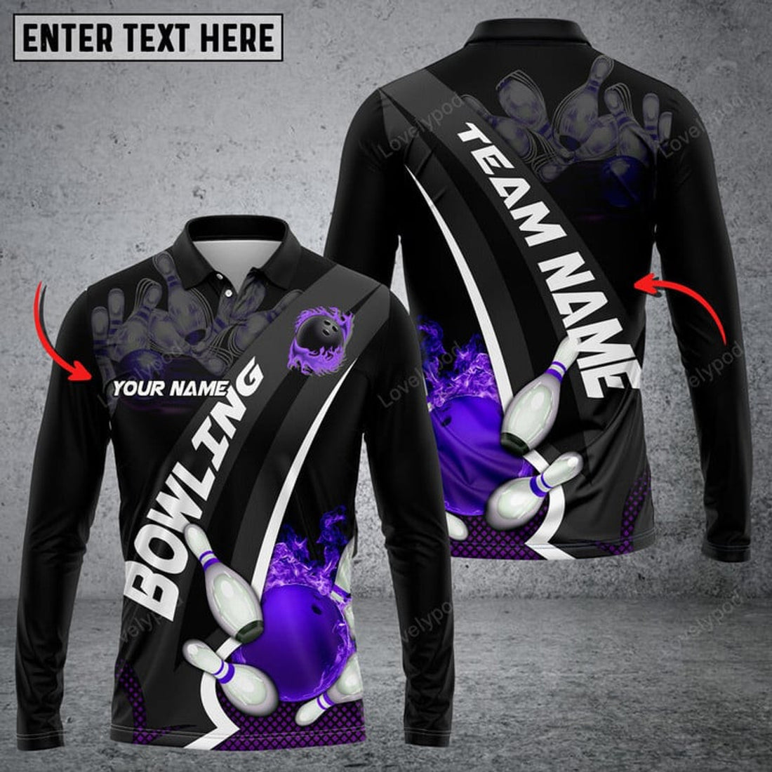 FUNSTUFFPRINT Bowling And Pins Plame Premium Multicolor Option Personalized Name Long Sleeve 3D Shirt