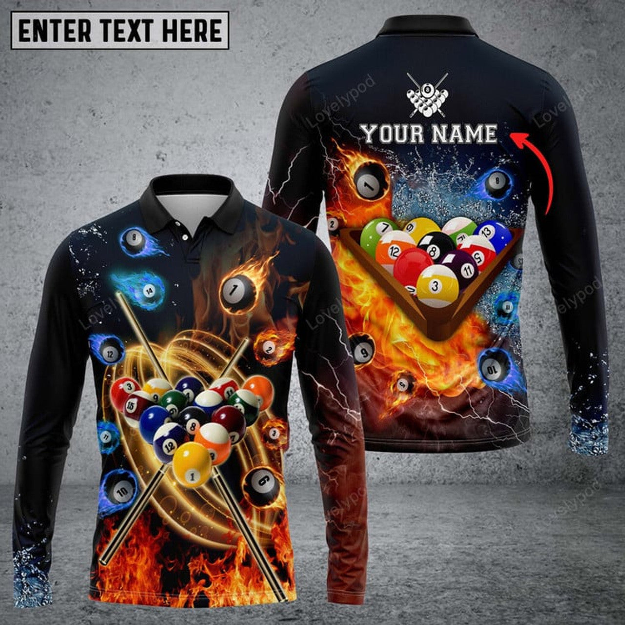 FUNSTUFFPRINT Personalized Billiard Fire Player Long Sleeve Polo Shirt, Billiards Shirts, Gift Idea For Billiard Team Player