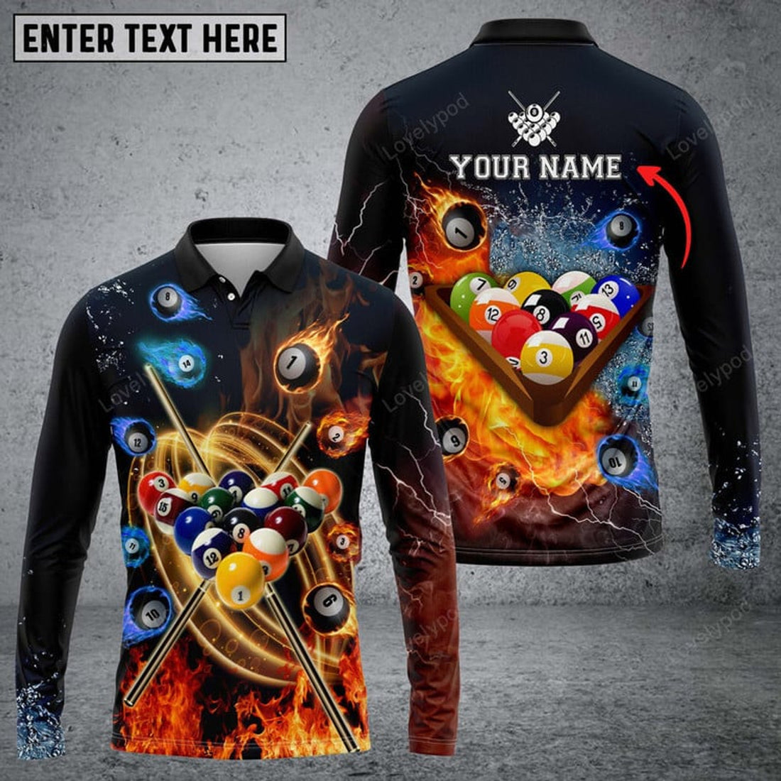 FUNSTUFFPRINT Personalized Billiard Fire Player Long Sleeve Polo Shirt, Billiards Shirts, Gift Idea For Billiard Team Player