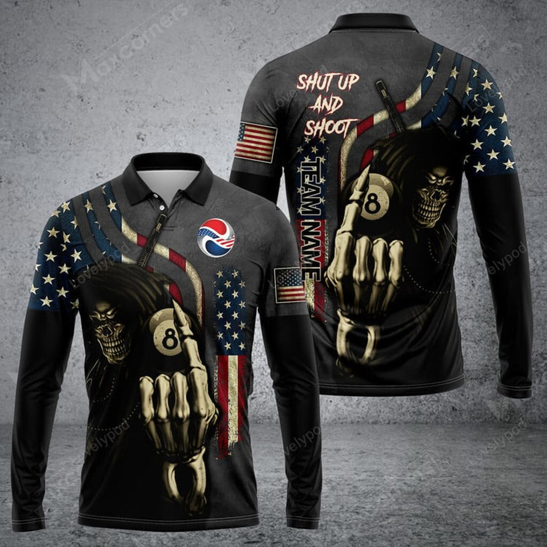 FUNSTUFFPRINT Personalized Billiard Skull Player Long Sleeve Polo Shirt, Gift For Billiard Lover