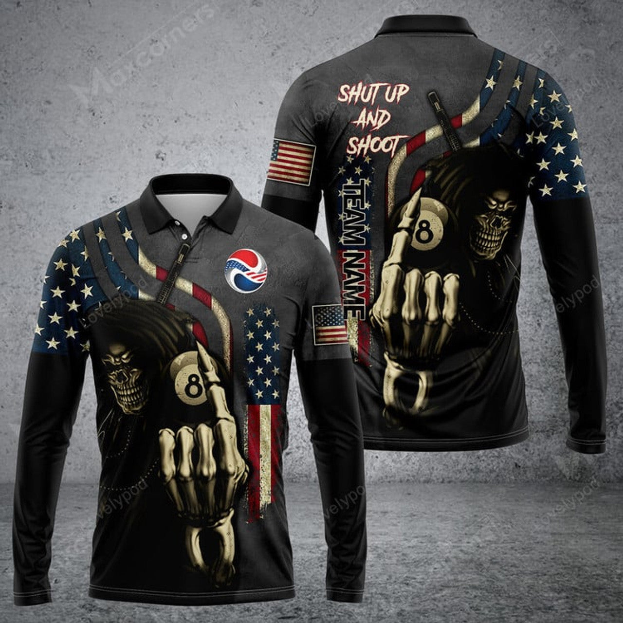 FUNSTUFFPRINT Personalized Billiard Skull Player Long Sleeve Polo Shirt, Gift For Billiard Lover