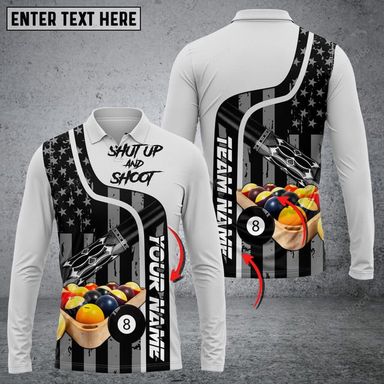 FUNSTUFFPRINT Personalized Name Billiards Master Long Sleeve Polo Shirt For Men, Shut Up And Shoot Gift For Billiard Lover
