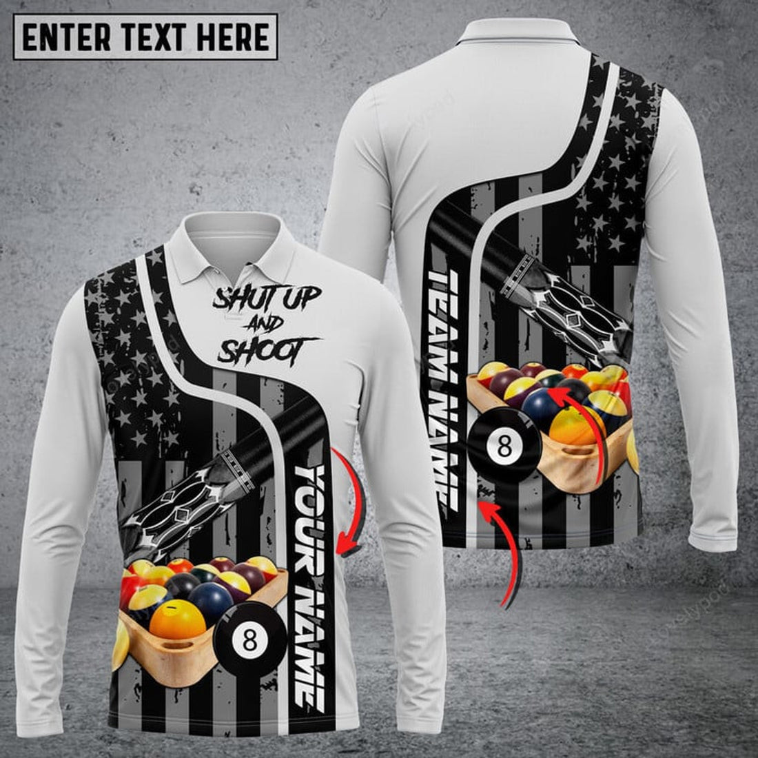 FUNSTUFFPRINT Personalized Name Billiards Master Long Sleeve Polo Shirt For Men, Shut Up And Shoot Gift For Billiard Lover
