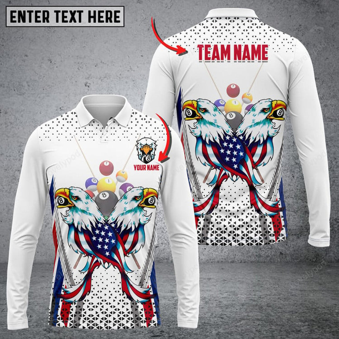 FUNSTUFFPRINT Personalized Billiard Ball Flag Team Name Player Long Sleeve Polo Shirt