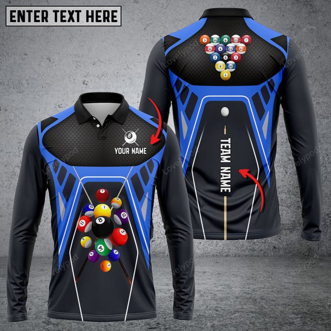 FUNSTUFFPRINT Personalized Name Cue Strike Long Sleeve Polo Shirt For Men, Pool Shirts, Gift For Billiard Lover