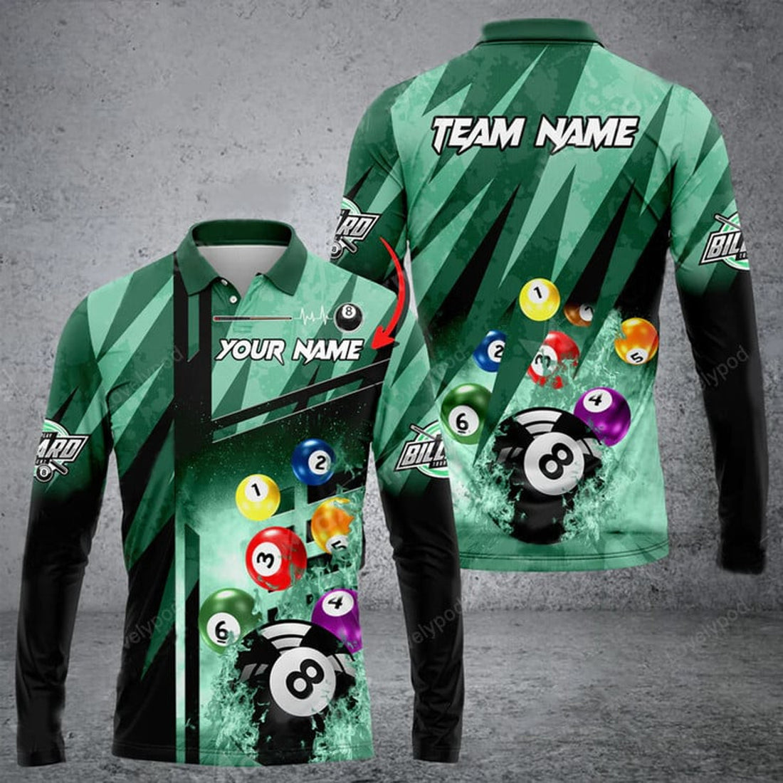 FUNSTUFFPRINT Billiards Abstract Grunge Texture X Multicolor Option Customized Name Long Sleeve Polo Shirt