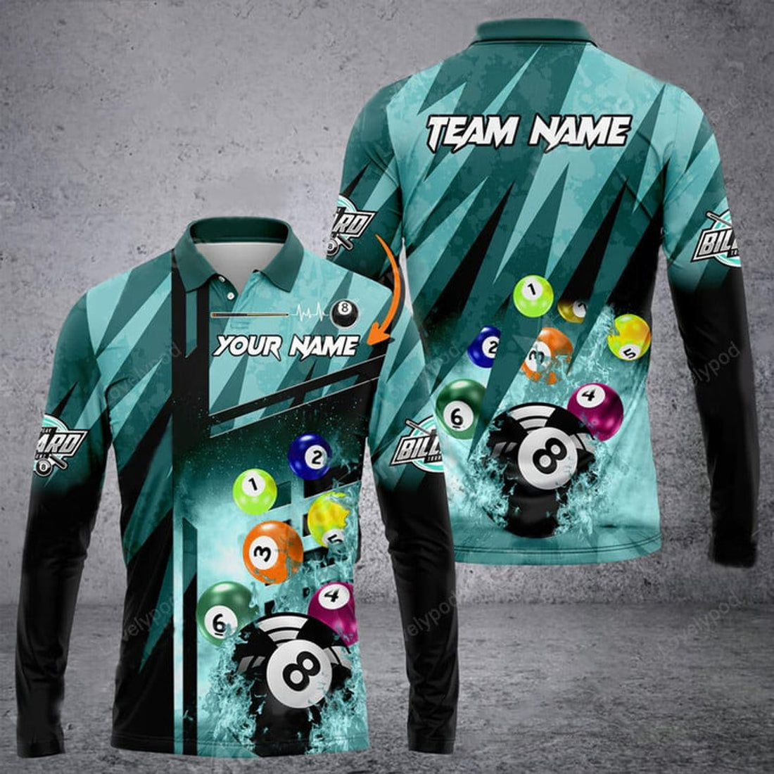 FUNSTUFFPRINT Billiards Abstract Grunge Texture X Multicolor Option Customized Name Long Sleeve Polo Shirt