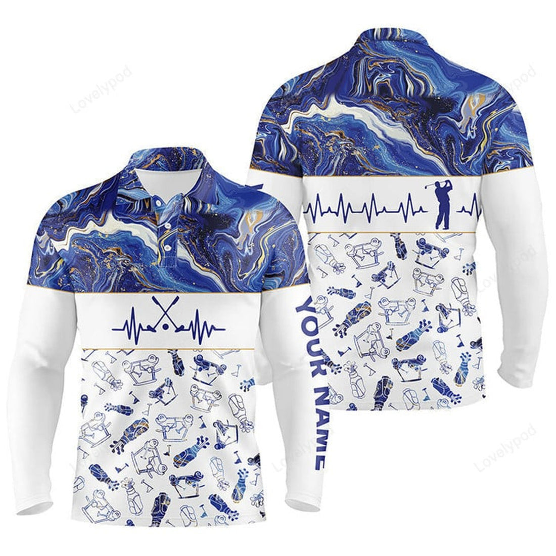 FUNSTUFFPRINT Blue Seamless Men Golf Long Sleeve Polo Shirt, Personalized Heartbeat Golf Shirts For Men