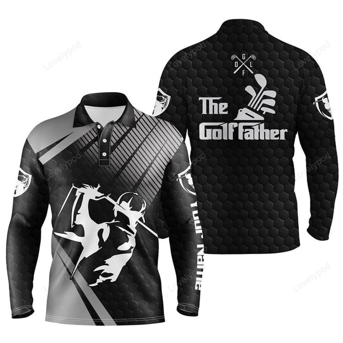 FUNSTUFFPRINT Personalized The Golf Father Long Sleeve Polo Shirts For Men Black Golf Upf Shirts, Gifts For Golf Lovers