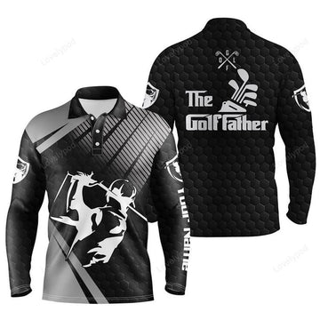 FUNSTUFFPRINT Personalized The Golf Father Long Sleeve Polo Shirts For Men Black Golf Upf Shirts, Gifts For Golf Lovers