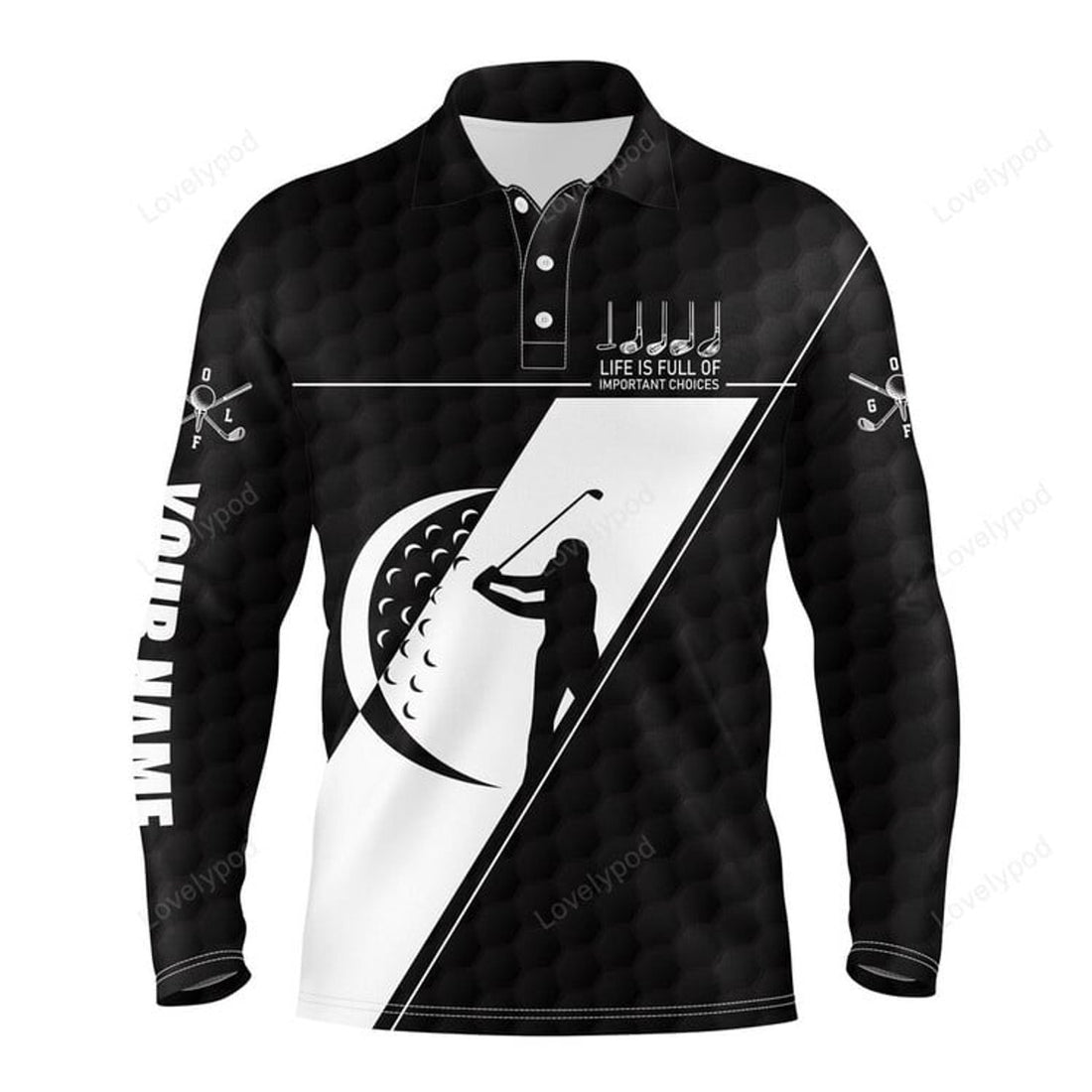 FUNSTUFFPRINT Black & White Golf Polo Shirts Life Is Full Of Important Choices Custom Name Men Long Sleeve Golf Tops