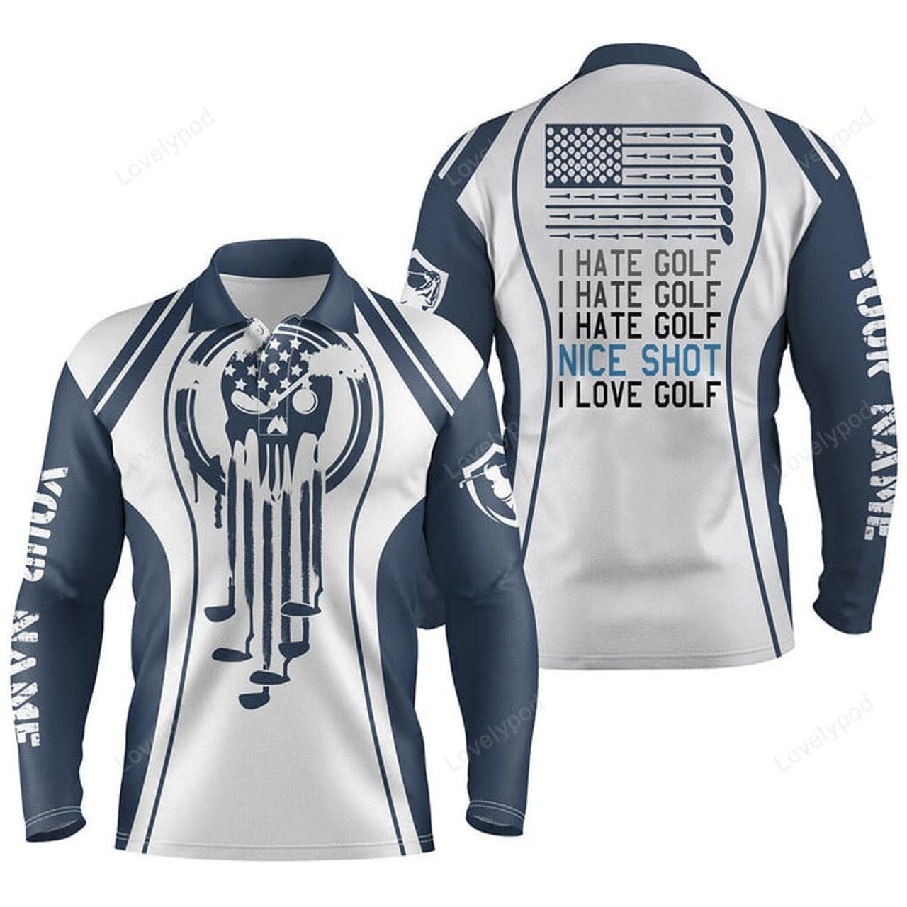 FUNSTUFFPRINT Men Golf Polo Shirts Blue Golf Skull I Hate Golf Nice Shot I Love Golf Custom White Golf Polo Shirts