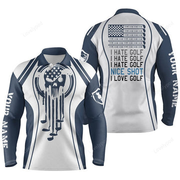 FUNSTUFFPRINT Men Golf Polo Shirts Blue Golf Skull I Hate Golf Nice Shot I Love Golf Custom White Golf Polo Shirts