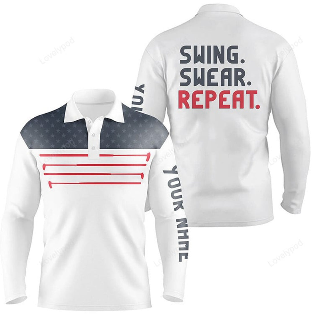FUNSTUFFPRINT Mens Golf Long Sleeve Polo Shirt Custom Swing Swear Repeat American Flag White Golf Shirt