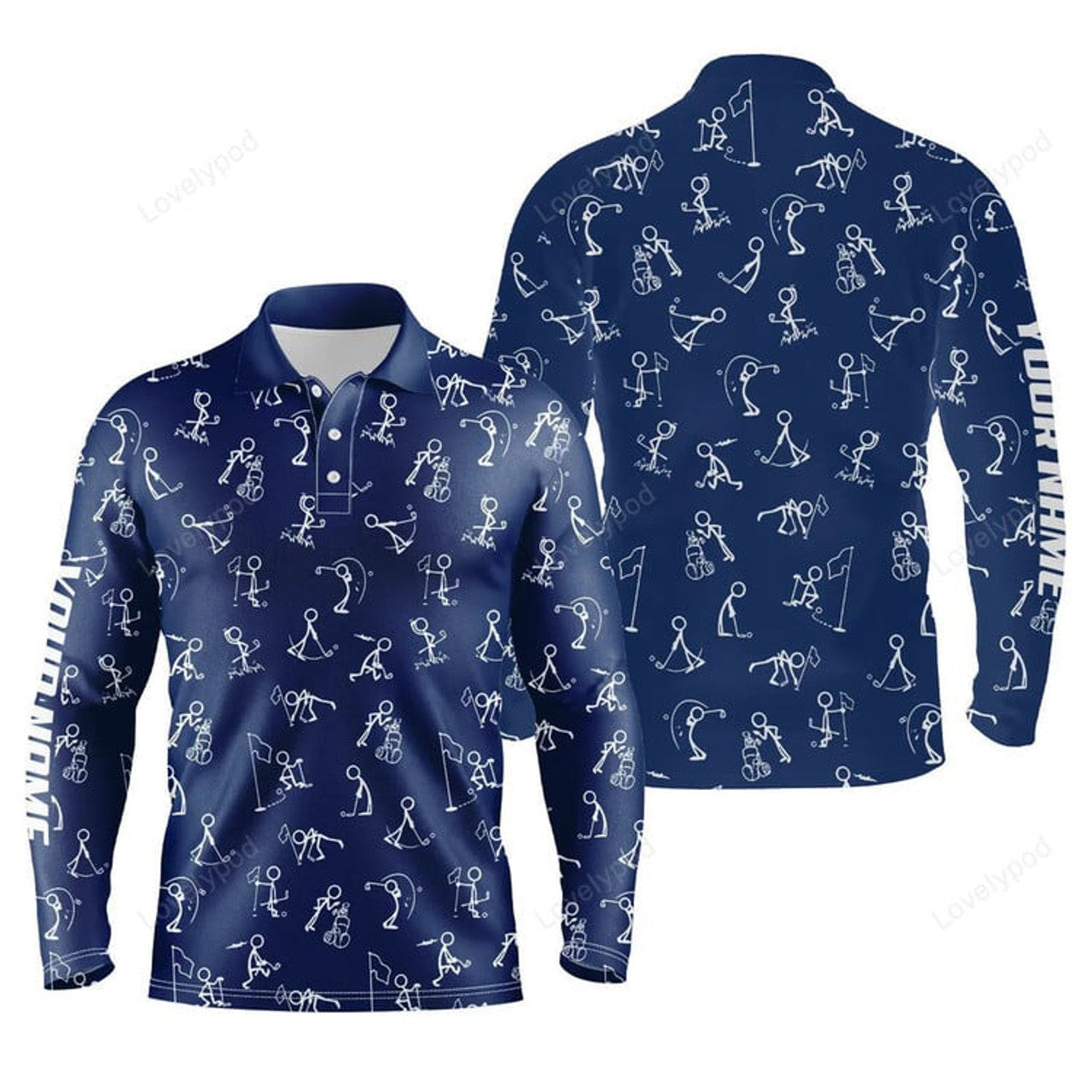 FUNSTUFFPRINT Men Golf Polo Up Shirts, Custom Name Funny Golf Pattern Blue Navy Polo Shirt