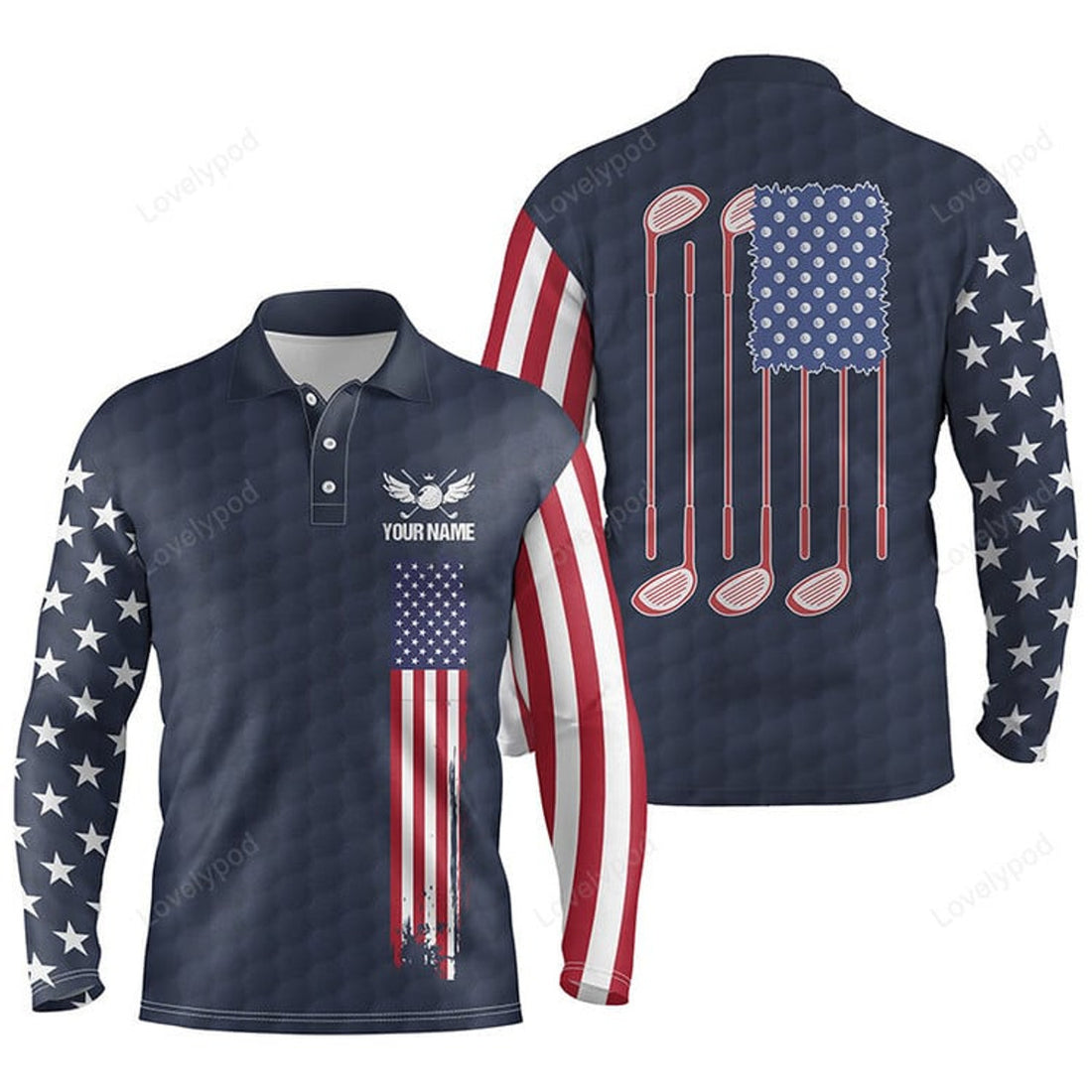 FUNSTUFFPRINT Men Golf Long Sleeve Polo Shirts, Golf American Flag Custom Patriotic Golf Shirt For Mens