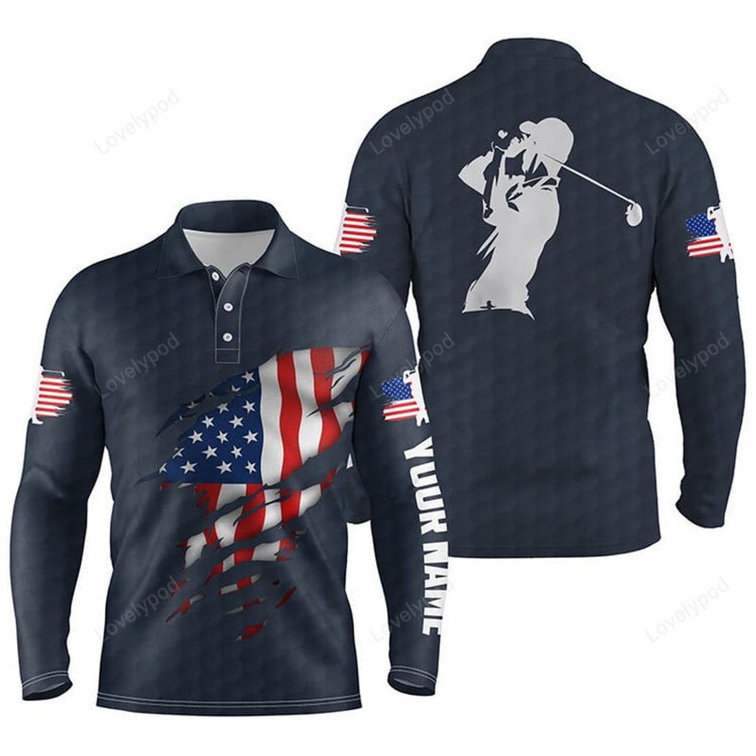 FUNSTUFFPRINT Men Golf Long Sleeve Polo Shirts, Golf American Flag Custom Patriotic Golf Shirt For Mens
