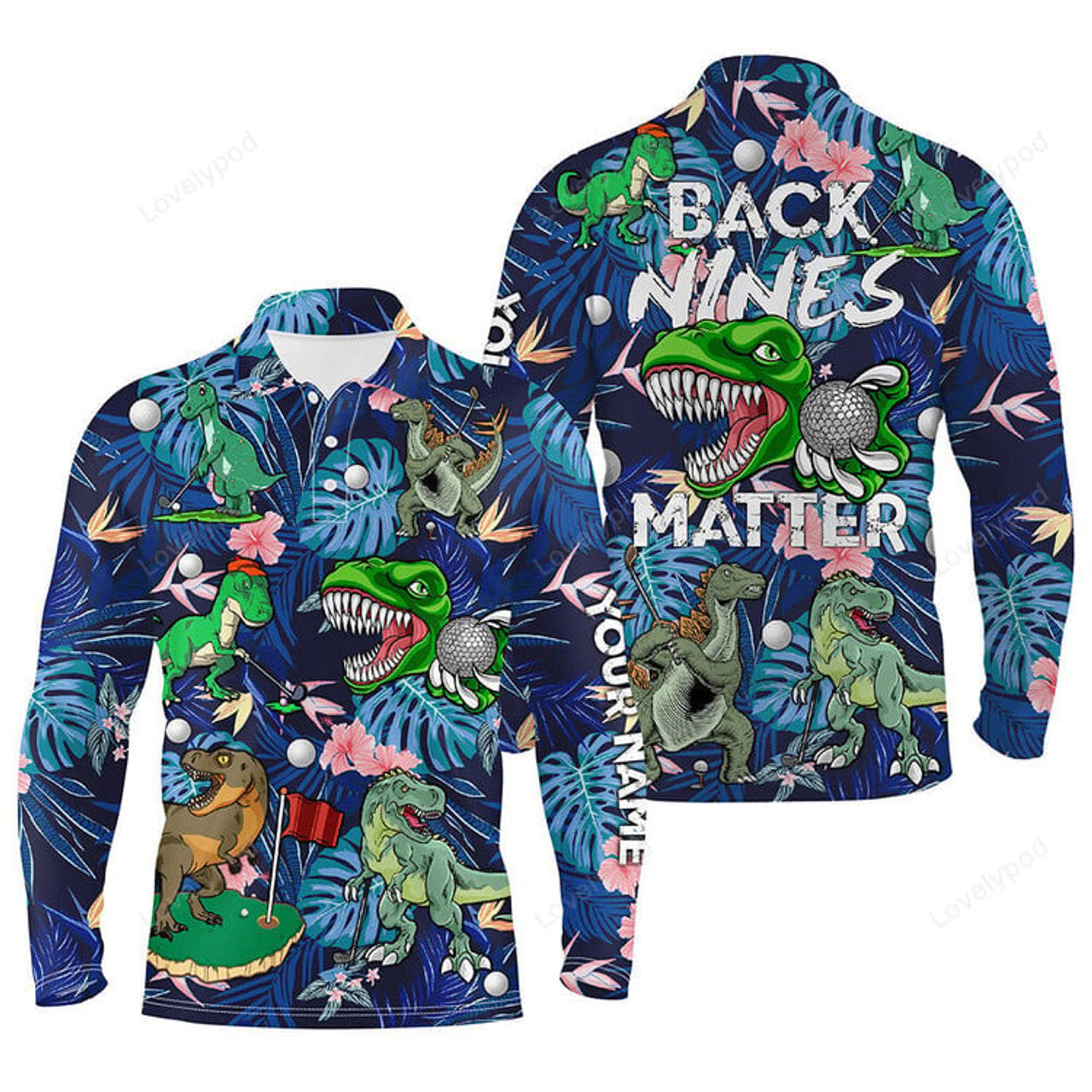 FUNSTUFFPRINT Funny Men Golf Polo Shirt, Custom Blue Tropical Flower Dinosaur Golf Shirts Back Nines Matter